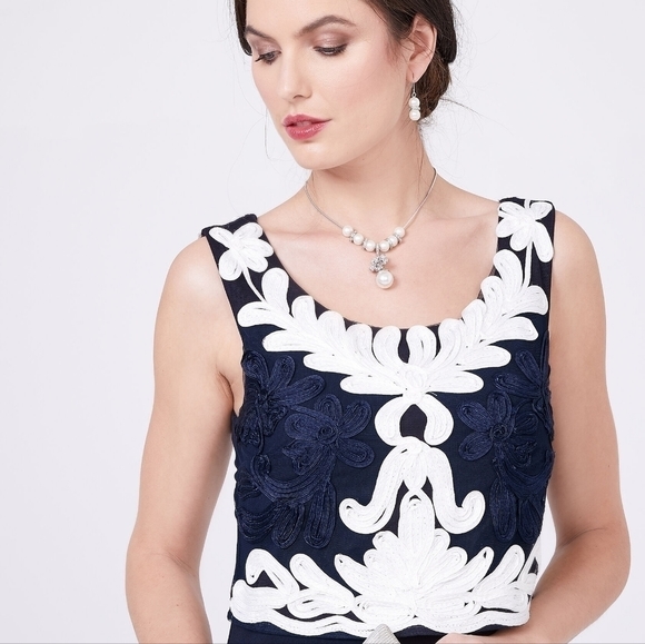 NWT FRANK LYMAN EMBROYDERED MAXI  BACK ZIP SLEEVELESS LINED US6 NAVY IVORY GOWN - Picture 3 of 10